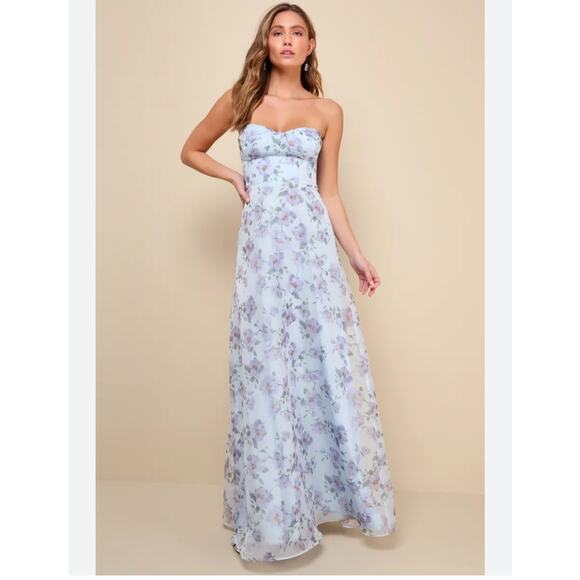 Lulu's Light Blue Floral Organza A-line Sweetheart Strapless Ball Gown - Picture 1 of 8